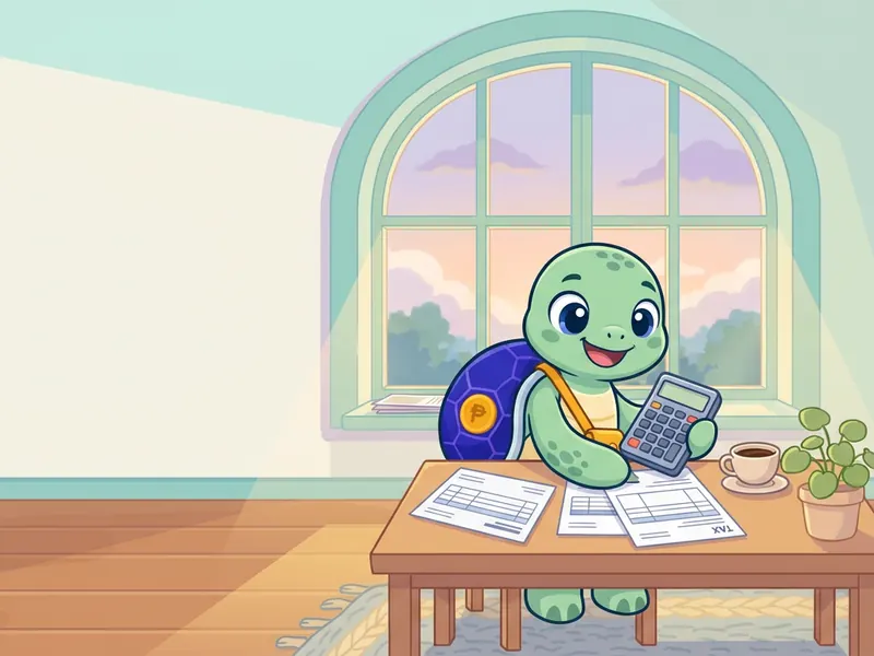 Ponpon the sea turtle working out his income tax at a desk with a calculator and a payslip